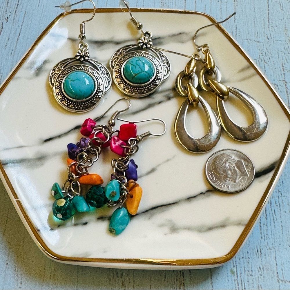 Dangle‎ Earring Lot Silvertone Faux Turquoise Dyed Stones Goldtone Silvertone